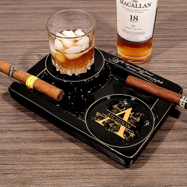 Personalized 2 Cigar Ceramic Ashtray, 2 Drink Coaster Whiskey Cup Glass rest Seduction Black with Elegant Gold Trims