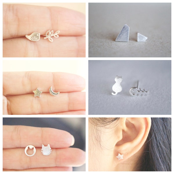 Mismatched Sterling Silver Stud Earrings: Minimalist 925 Silver