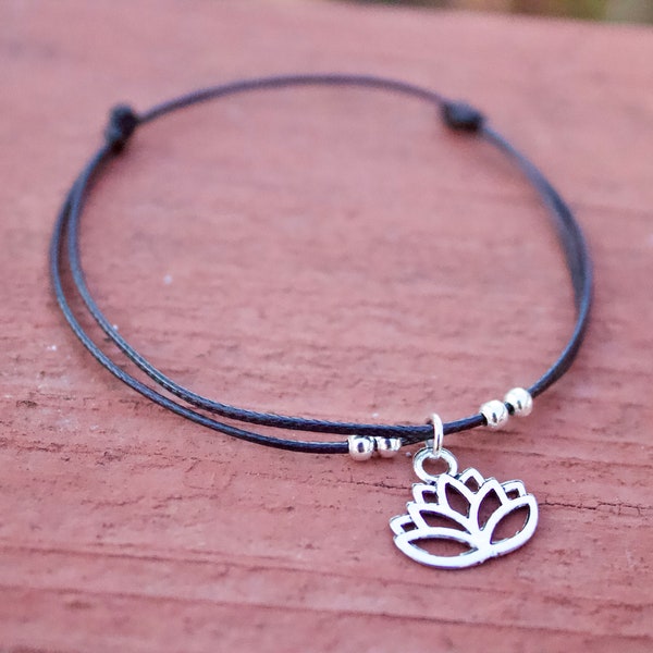 Lotus Anklet, Lotus Ankle Bracelet, Lotus Charm, Lotus Jewelry, Adjustable Anklet, Boho Jewelry, Yoga Gift, Unisex, Choose from 10 Colors