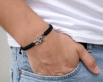 Dragon Charm Macrame Bracelet, Adjustable Boho Bracelet, Fantasy Jewelry Gift, Unisex Handmade Bracelet, Mythical Dragon Jewelry
