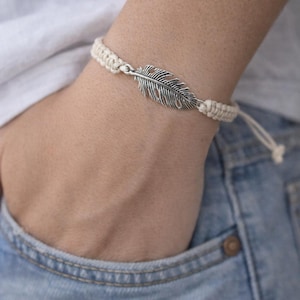 Feather Charm Macrame Bracelet, Adjustable Boho Friendship Jewelry