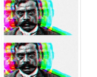 Puede incluir: Una impresión de arte digital de la cara de un hombre con bigote, en un efecto de glitch con varios colores, incluyendo rosa, azul, verde y amarillo.
