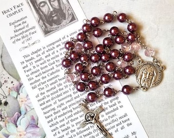 HOLY FACE of JESUS Chaplet - Catholic, Pearlized Plum Glass Beads, Silver Components, with Instructions, Holy Face of Jesus Devotion