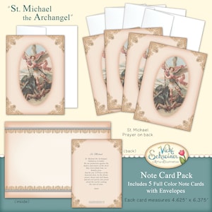 May include: A pack of 5 full-color note cards featuring an illustration of Saint Michael the Archangel. The cards are 4.625 inches by 6.375 inches and include envelopes. The back of the card includes a prayer to Saint Michael.