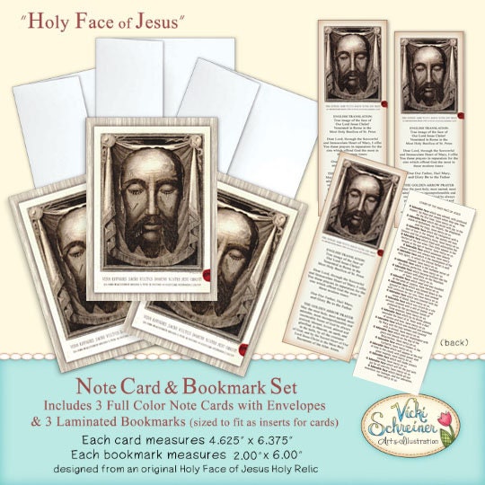 SAINTE VISAGE de JÉSUS - Lot de 3 signets plastifiés et 3 cartes de correspondance avec 3 enveloppes, intérieur et extérieur en couleur, conçus à partir de Holy Relic