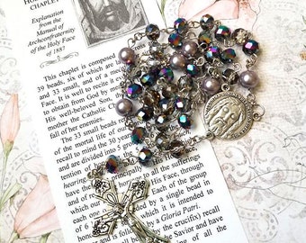 HOLY FACE of JESUS Chaplet - Catholic, Misty Dawn Faceted Glass Beads, Silver Components, with Instructions, Holy Face of Jesus Devotion