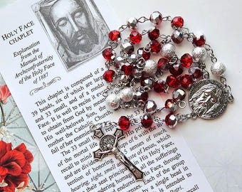 HOLY FACE of JESUS Chaplet - Catholic, Berry Red Faceted Glass Beads, Silver Components, with Instructions, Holy Face of Jesus