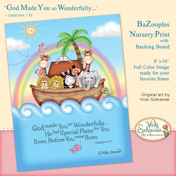 BAZOOPLES (R) ART PRINT, 8 x 10 Print, Noah's Ark with Bible Verse, Full Color, Nursery, Baby, Christian, Printed from Original Art