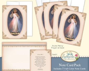 Divine Mercy, 5 PRAYER NOTE CARDS with 5 Envelopes, Full Color Inside & Outside, Prayer on back, Catholic, Christian