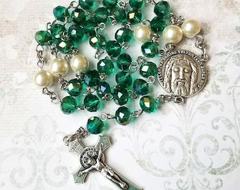 HOLY FACE of JESUS Chaplet - Catholic, Emerald Green Faceted Glass Beads, Silver Components, with Instructions, Holy Face of Jesus Devotion