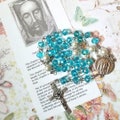 HOLY FACE of JESUS Chaplet - Catholic, Turquoise Blue Faceted Glass Beads, Silver Components, St. Benedict Crucifix, Holy Face Devotion
