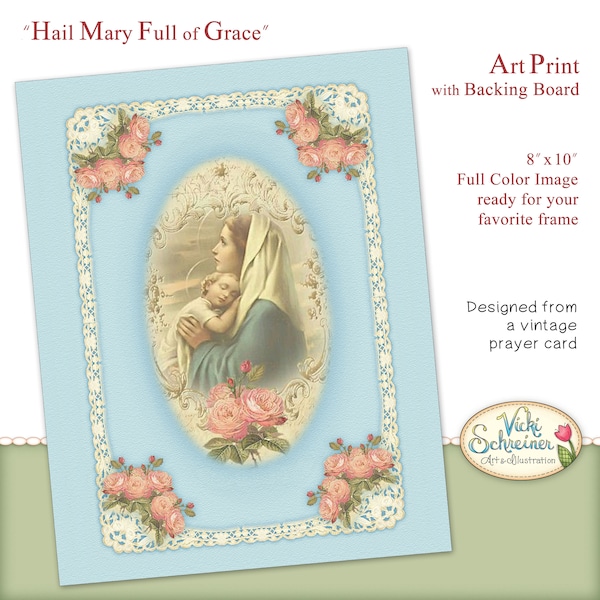 Madre María con el Niño Jesús - IMPRESIÓN ARTÍSTICA de 8 x 10, a todo color, sin marco, diseñada a partir de una tarjeta de oración antigua, cristiana, católica, devocional