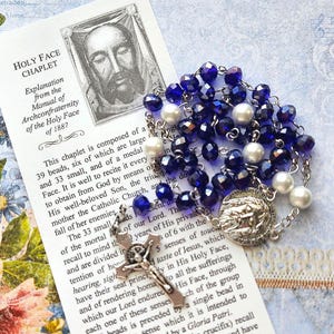 HOLY FACE of JESUS Chaplet - Catholic, Iridescent Navy Faceted Glass Beads, Silver Components, with Instructions, Holy Face of Devotion