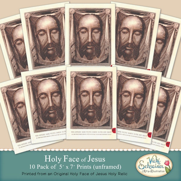 HOLY FACE of JESUS - 5" x 7" Prints, Pack of 10, Full Color, Unframed, Printed from Original Holy Face Relic from Pope St. Pius X, 1905