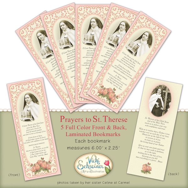 ST. THERESE of LISIEUX - 5 Glossy Prayer Bookmarks, Full Color Front & Back, Christian, Catholic, Prayers, Scripture, Little Flower