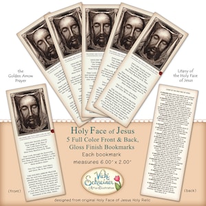 Holy Face of Jesus - 5 GLOSSY BOOKMARKS, Full Color on Front & Back, designed from Holy Relic, Catholic, Christian, Devotion, Faith