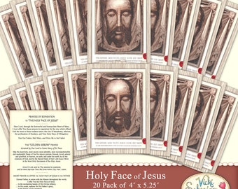 HOLY FACE of JESUS - Prayer Cards, Pack of 20, 4" x 5 1/4", Full Color, Printed from Holy Face Relic from Pope St. Pius X, 1905