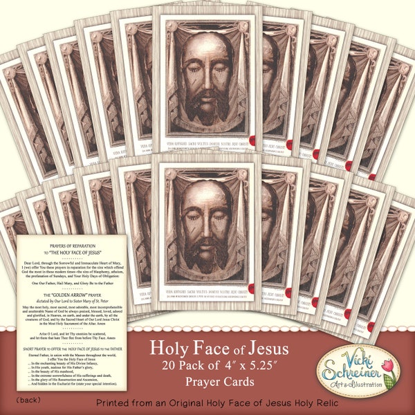 HOLY FACE of JESUS - Prayer Cards, Pack of 20, 4" x 5 1/4", Full Color, Printed from Holy Face Relic from Pope St. Pius X, 1905