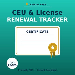 Op de afbeelding: Een talingkleurig digitaal document getiteld CLINICAL PREP CEU & LICENSE RENEWAL TRACKER. Het bevat een wit rechthoekig certificaatpictogram met vier horizontale lijnen en een gouden sterzegel. Een witte cirkel toont 19 PAGES.