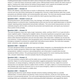Puede incluir: Una p&aacute;gina del Clinical Prep NCLEX Mega Bank Volumen 1, que presenta las preguntas 1417 a 1422. El texto proporciona contenido de estudio de enfermer&iacute;a, incluyendo escenarios cl&iacute;nicos, justificaciones y respuestas correctas para cada pregunta.