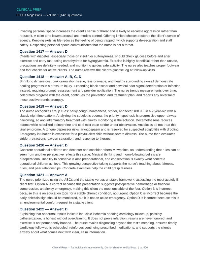 Puede incluir: Una p&aacute;gina del Clinical Prep NCLEX Mega Bank Volumen 1, que presenta las preguntas 1417 a 1422. El texto proporciona contenido de estudio de enfermer&iacute;a, incluyendo escenarios cl&iacute;nicos, justificaciones y respuestas correctas para cada pregunta.
