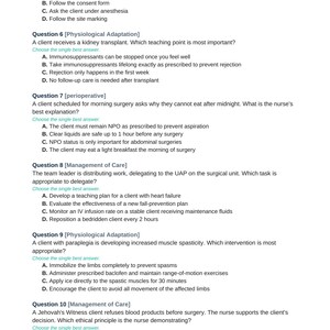 Puede incluir: Una p&aacute;gina del Clinical Prep NCLEX Mega Bank Volumen 1, con preguntas de examen de enfermer&iacute;a de opci&oacute;n m&uacute;ltiple numeradas del 6 al 10. El texto incluye temas como adaptaci&oacute;n fisiol&oacute;gica y cuidados perioperatorios.