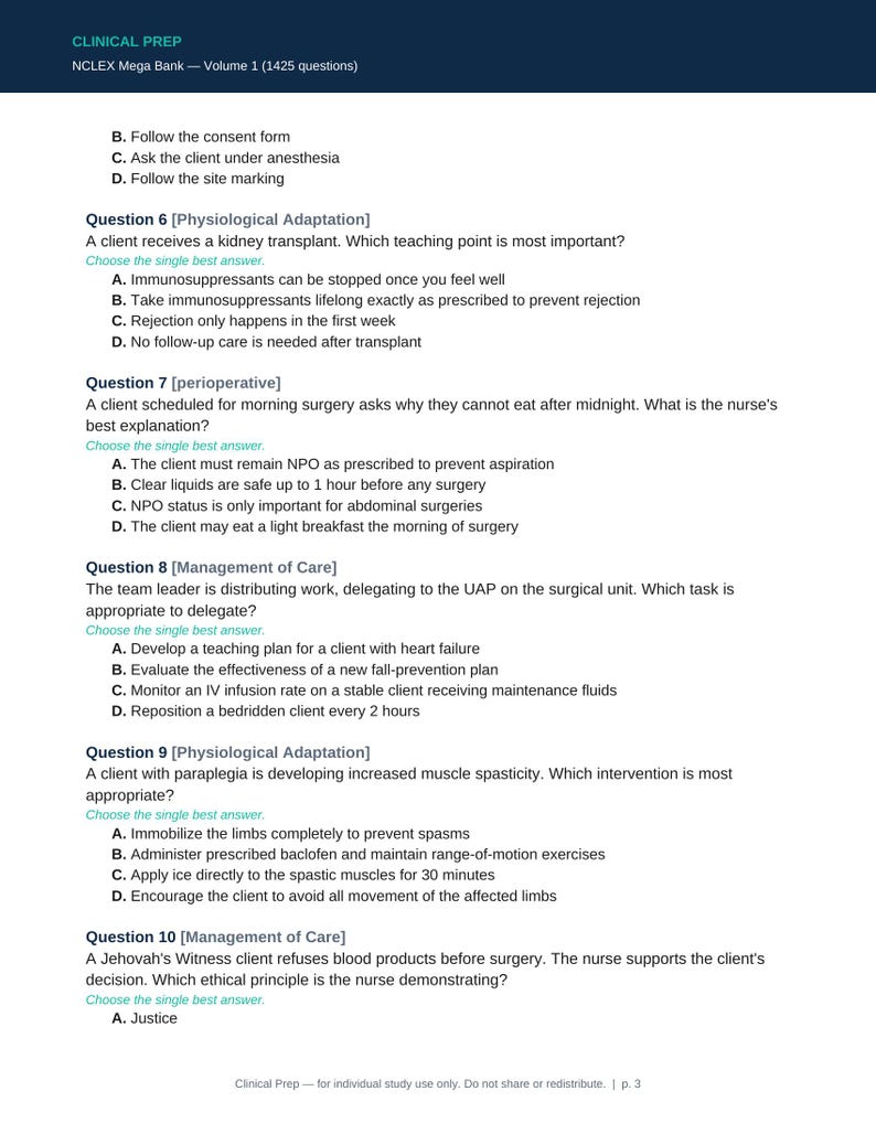 Puede incluir: Una p&aacute;gina del Clinical Prep NCLEX Mega Bank Volumen 1, con preguntas de examen de enfermer&iacute;a de opci&oacute;n m&uacute;ltiple numeradas del 6 al 10. El texto incluye temas como adaptaci&oacute;n fisiol&oacute;gica y cuidados perioperatorios.