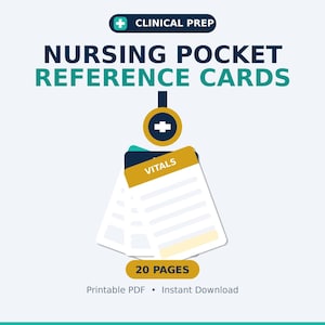 Könnte beinhalten: Clinical Prep Nursing Pocket Reference Cards bestehend aus einem Stapel weißer Karten mit goldenen Kopfzeilen, eine davon mit der Aufschrift Vitals. Das Design enthält ein goldenes Kreissymbol mit weißem Kreuz, 20 Seiten und PDF-Download.