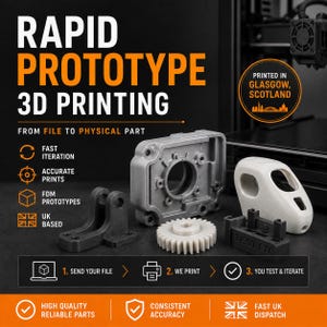 Könnte beinhalten: Eine Sammlung von 3D-gedruckten Komponenten, darunter ein graues rechteckiges Gehäuse, eine schwarze Halterung, ein weißes Zahnrad und eine weiße geschwungene Schale mit dem Text TEST FIT. Das Bild enthält den Text RAPID PROTOTYPE 3D PRINTING und PRINTED IN GLASGOW, SCOTLAND.
