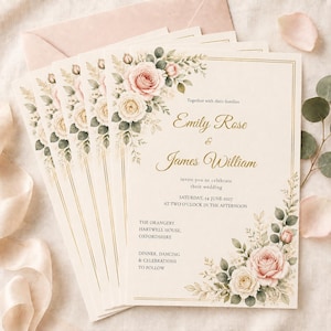 May include: A stack of cream-colored wedding invitation cards featuring gold foil borders and floral illustrations of pink and white roses with green eucalyptus leaves. The text reads: Together with their families, Emily Rose & James William, invite you to celebrate their wedding, Saturday, 14 June 2027, at two o'clock in the afternoon, The Orangery, Hartwell House, Oxfordshire, dinner, dancing & celebrations to follow.