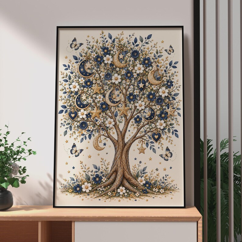 Celestial Tree of Life Poster, Navy Blue Gold Botanical Wall Art Print ...