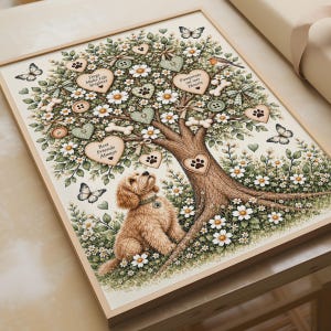Op de afbeelding: Een ingelijste print met een goudbruine hond die onder een boom zit, versierd met witte madeliefjes, groene bladeren, vlinders, knopen en hartvormige ornamenten. De harten tonen de tekst: Dogs Make Life Brighter, Pawprints on our Hearts, Best Friends Always.