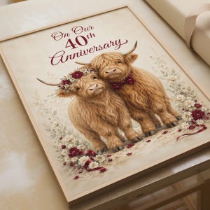 May include: A framed print featuring two fluffy Highland cows with long horns. One cow wears a dark red floral crown, the other a dark red bow tie. The text reads On Our 40th Anniversary in dark red script. The background is cream with floral accents.
