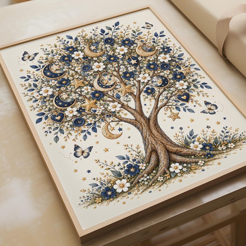 Celestial Tree of Life Poster, Navy Blue Gold Botanical Wall Art Print ...