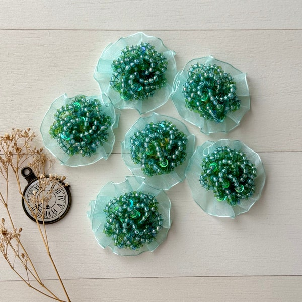 6 Pcs Green Beaded Applique Embellishments Pack Fabric Sewing Craft Decoration