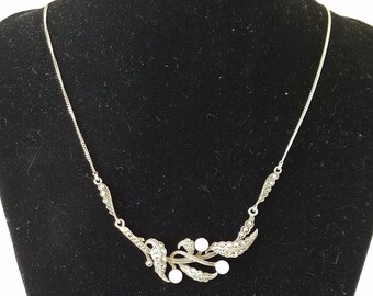 Vintage Art Nouveau Sterling Silver Marcasite Floral Necklace with White Gems, Possible Bernard Instone — Wow!
