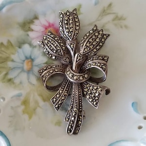 Vintage Large Silver and Marcasite Tulip Bouquet Pin Brooch