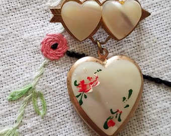 Mother of Pearl Triple Heart Hanging Locket Pin Brooch, Hand-painted