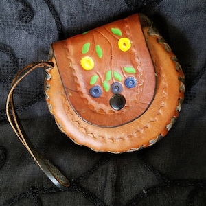Vintage Hand-tooled Leather with Floral Design and Carrying Strap, Pouch, Change Purse, Small Bag, Handmade in Mexico