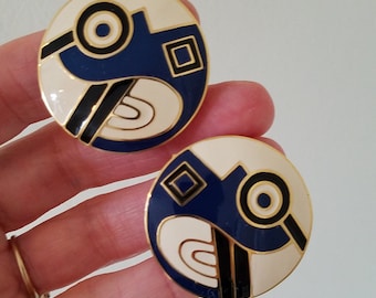 Vintage Abstract Enamel Clip On Earrings, Perhaps Bird Design (?)