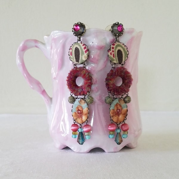 Vintage Signed Ayala Bar Dangle Drop Earrings with Rhinestone Fabric Glass Bead and Thread/Yarn Elements — Collectible and Wearable Art!