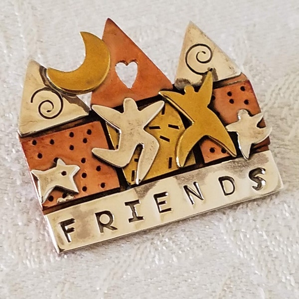 Celebrate Your Friends! Lovely Friends Pin Brooch Sterling Silver, Copper and Brass, Made by Far Fetched