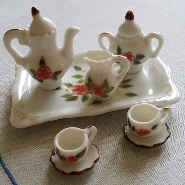 Child’s Vintage 10-Piece Porcelain Hand-Painted VERY SMALL Tea Set, White China with Floral Pattern, Miniature