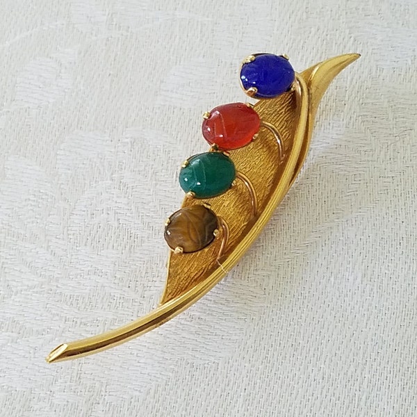 Vintage Gold Filled Semi-Precious Stones Scarabs and Leaf Pin Brooch — One of a Kind!