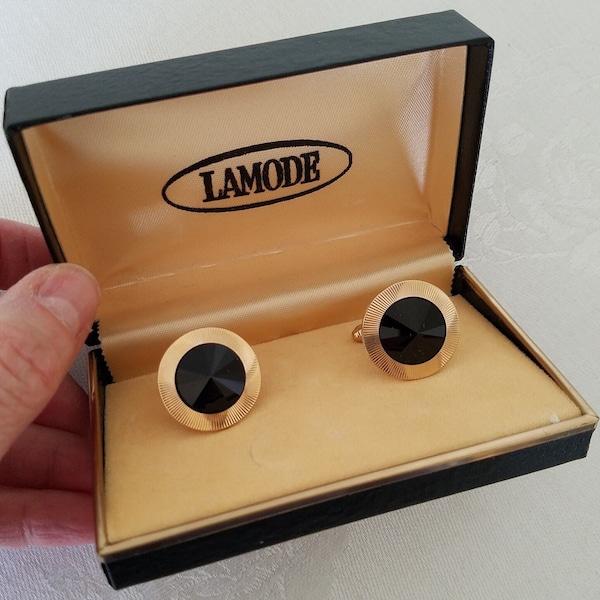 Vintage Lamode Gold-Tone and Black Glass Cuff Links — Awesome!