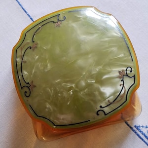 Vintage, Powder Jar from an Antique Celluloid Vanity Set, Etched Design Lid over Glass Jar, Made by Windsor Arch Amerith — Fabulous!