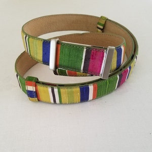 Vintage Ellen Tracy Belt, One Size Fits Most, Italian Leather and Striped Multi-Color Silk