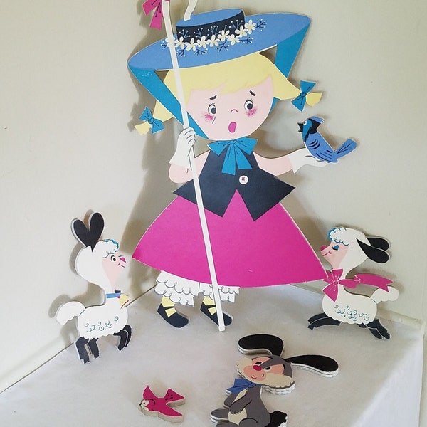 Vintage 5-Piece Set: Little Bo Peep, Sheep, Rabbit and Bird, Wall Décor, Dolly Toy Pin-Ups Wall Plaque, Mother Goose, Nursery Rhyme