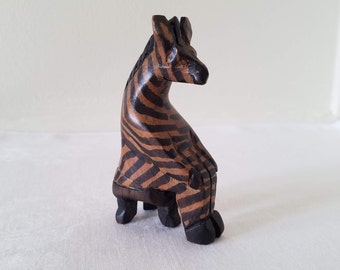 The Thinking Zebra, Vintage Seated Hand-Carved Wood Zebra