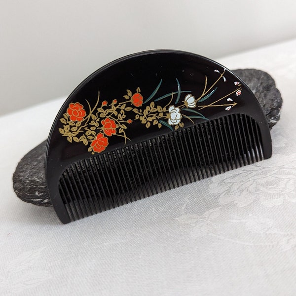 Vintage Japanese Plastic Hair Comb with Floral Accents